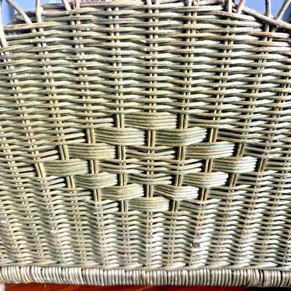 Vintage Woven Rattan Magazine Basket Sage Green‎ Handles 17.5